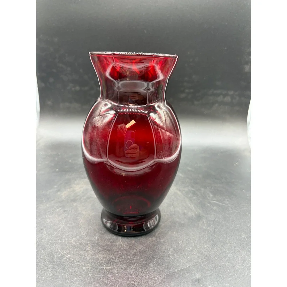 Vintage Ruby Red Glass Vase Paneled Pedestal Base Crimson Flower Bud Vase 6.25in